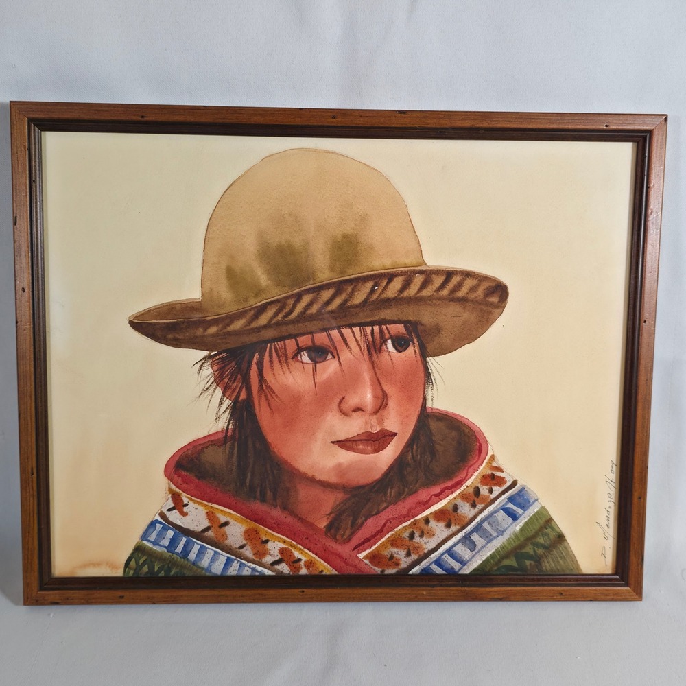 VTG Orginal Peruvian Folk Art Watercolor Portrait Framed Andean Girl Painting